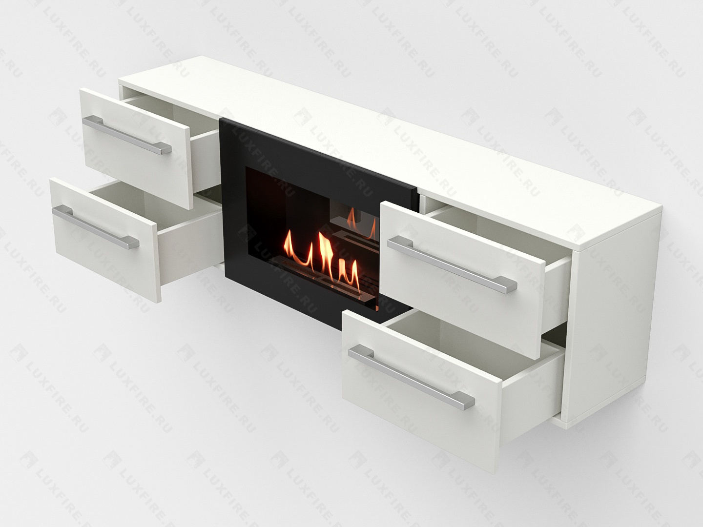 Тумба ТВ Lux Fire "Нева" настенная 1400 матовая, белая, с биокамином 600