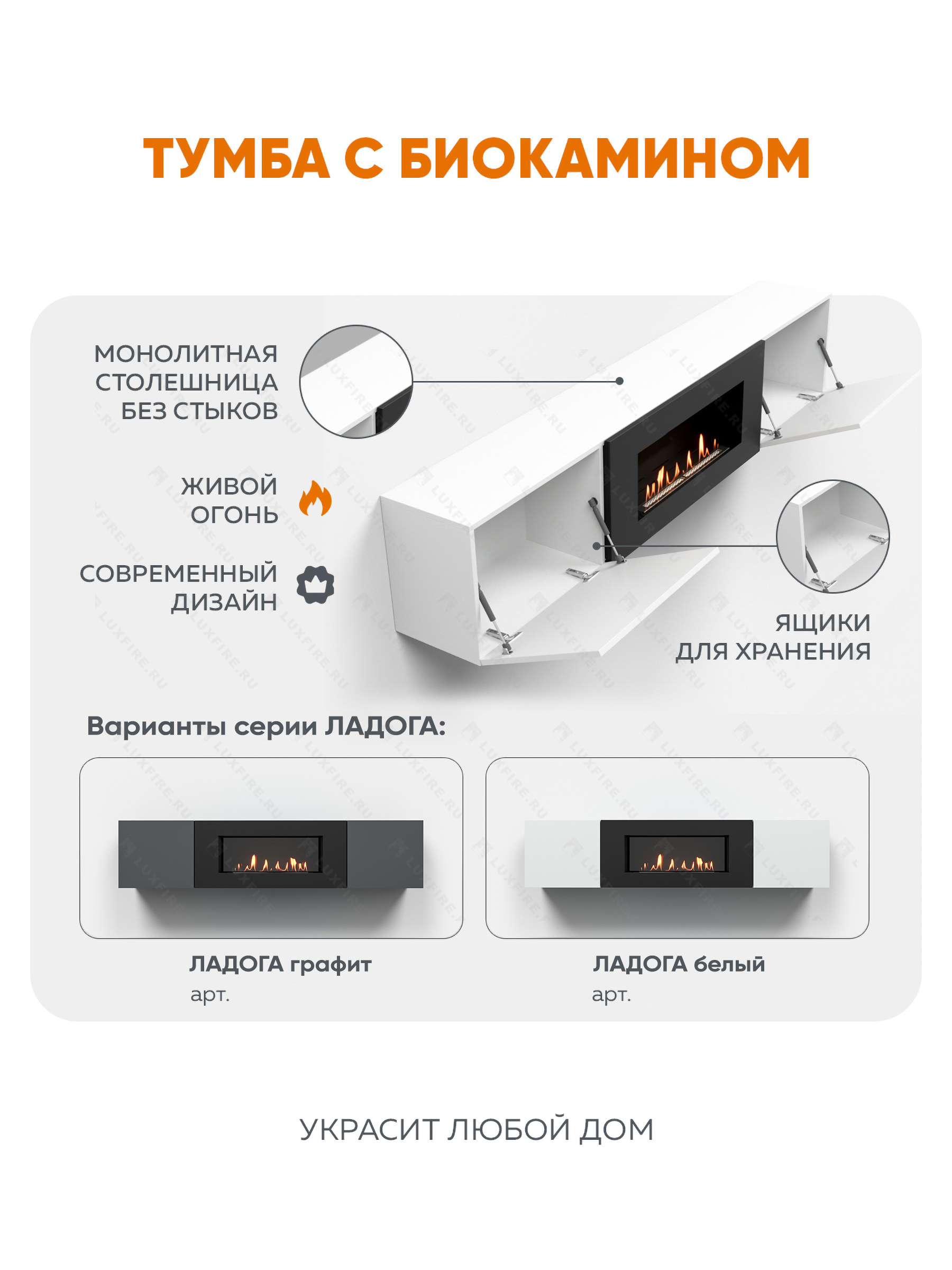 Тумба ТВ Lux Fire "Ладога" настенная 1800 матовая, белая с биокамином 900