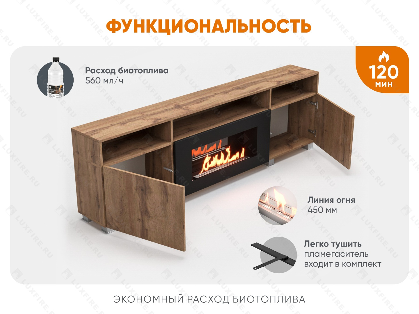 Тумба ТВ Lux Fire "Двина" напольная 2000 матовая, дуб вотан с биокамином 900