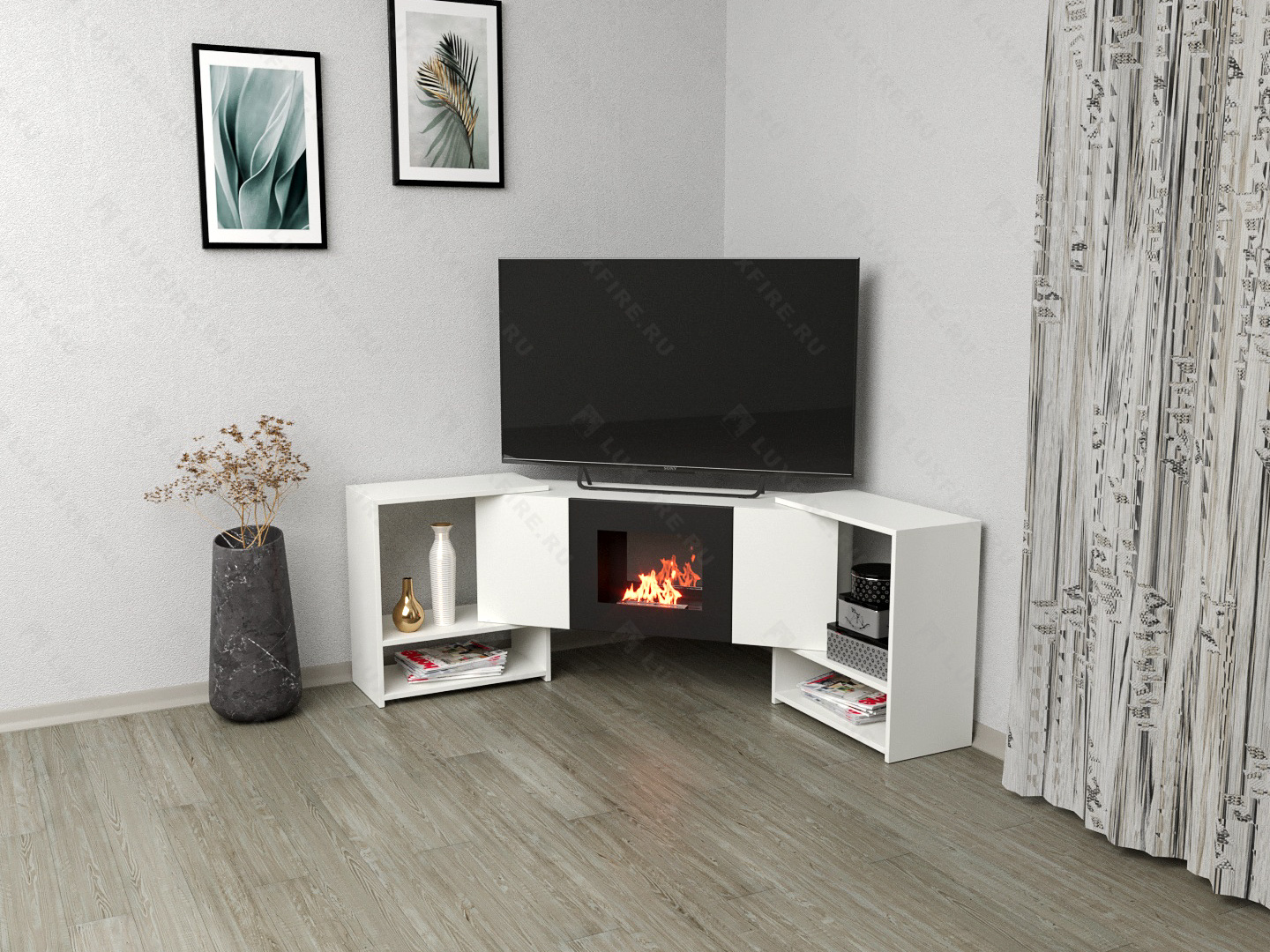 Тумба ТВ Lux Fire "Онега" угловая напольная, белая, с биокамином 500 (стемалит)
