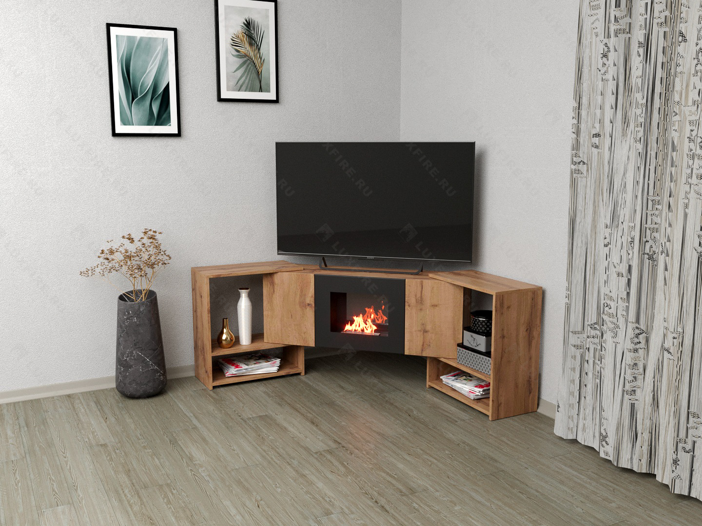 Тумба ТВ Lux Fire "Онега" угловая напольная, дуб вотан, с биокамином 500 (стемалит)