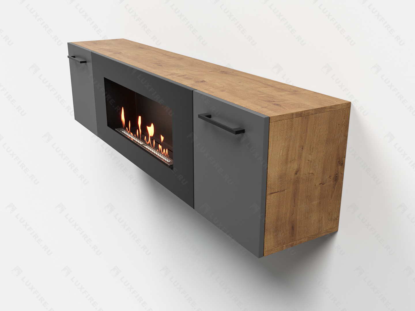 Тумба универсальная Lux Fire "Байкал Р" с ножками 1600, дуб вотан/графит матовый с биокамином 900