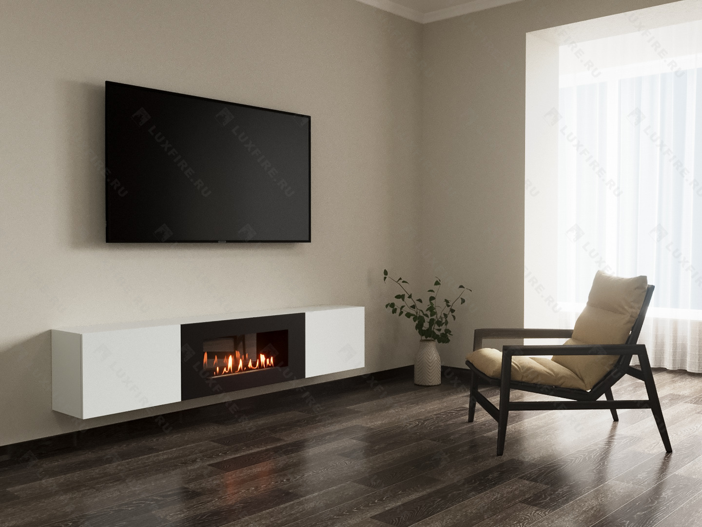 Тумба ТВ Lux Fire "Енисей" настенная 2000 матовая, белая с биокамином 900