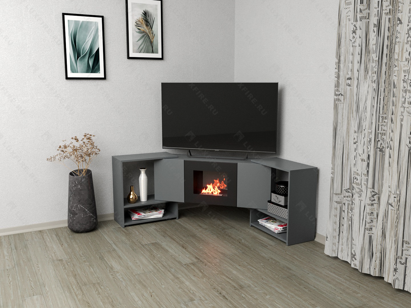 Тумба ТВ Lux Fire "Онега" угловая напольная, графит, с биокамином 500 (стемалит)