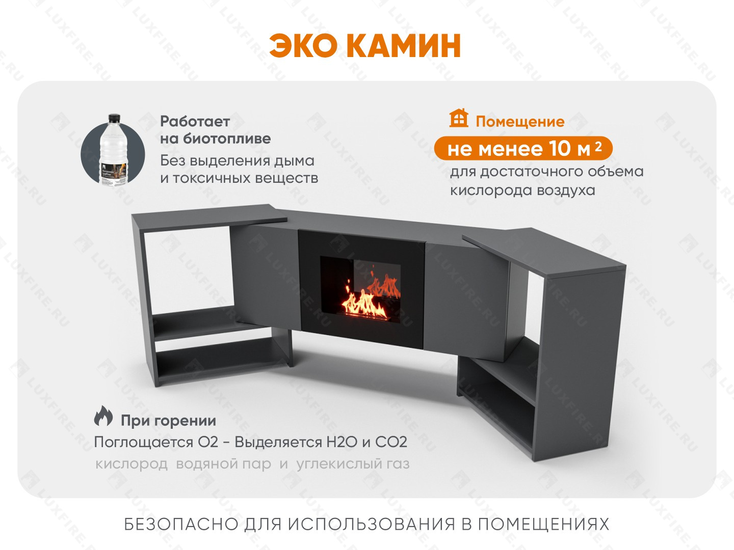 Тумба ТВ Lux Fire "Онега" угловая напольная, графит, с биокамином 500 (стемалит)