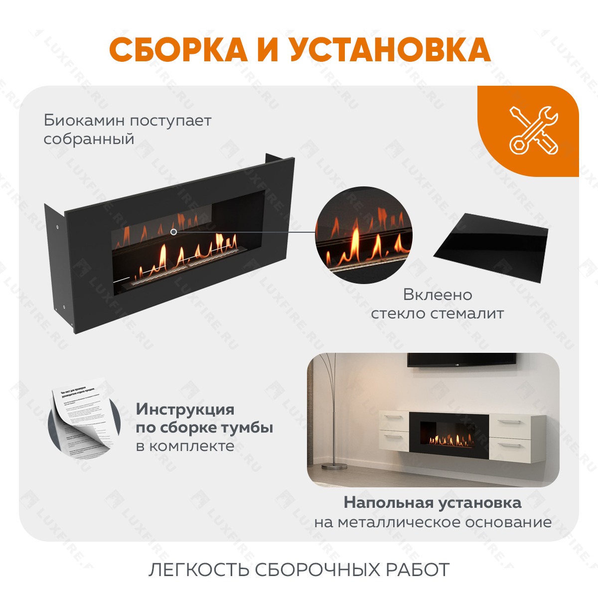 Тумба ТВ Lux Fire "Нева" настенная 1700 матовая, белая с биокамином 900