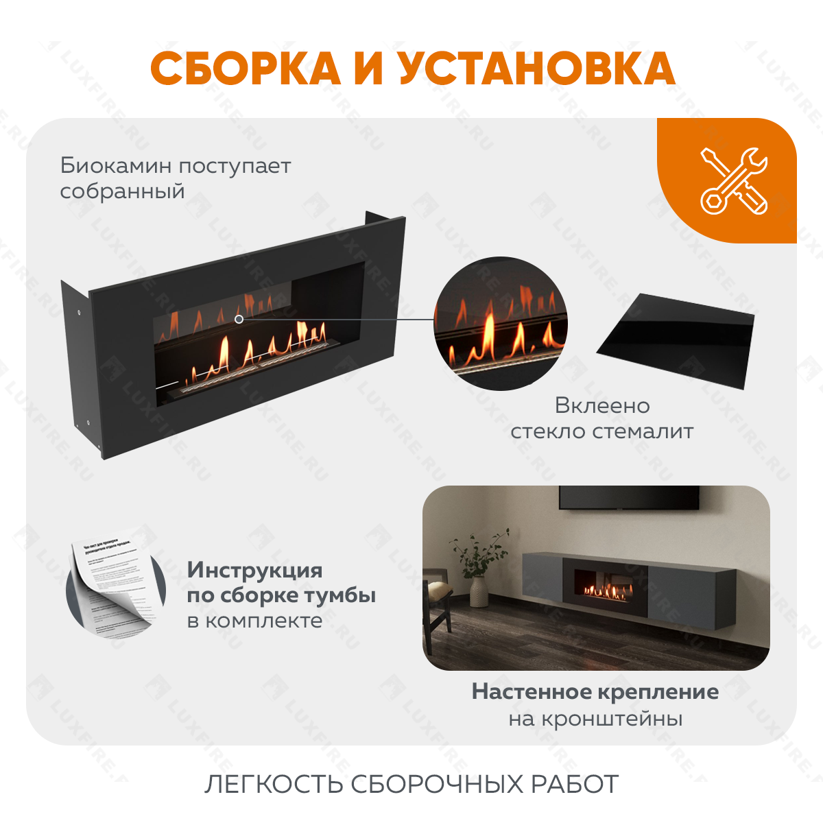 Тумба ТВ Lux Fire "Енисей" настенная 2000 матовая, графит с биокамином 900