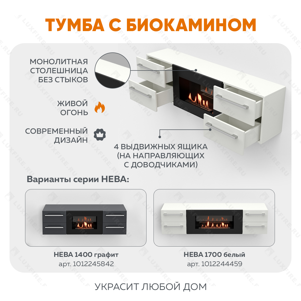 Тумба ТВ Lux Fire "Нева" настенная 1400 матовая, белая, с биокамином 600